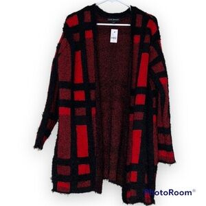LANE BRYANT plus size 14/16 open front cardigan red black long sleeve fuzzy new